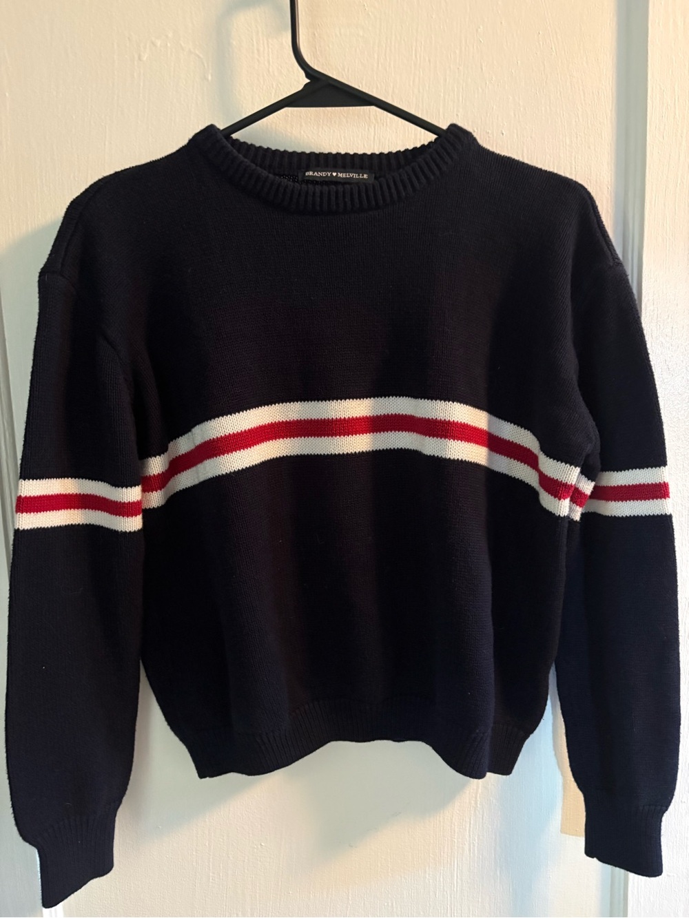Brandy Melville Black Crewneck Sweater with White & Red Stripes
